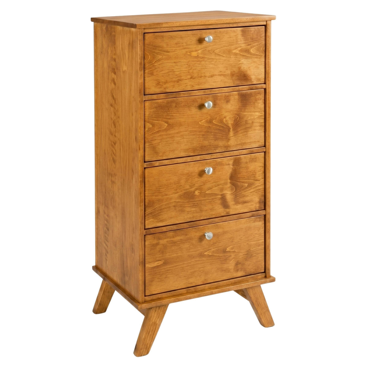 MidMod 4-drawer chest in warm brown solid wood with tapered legs and silver knobs.