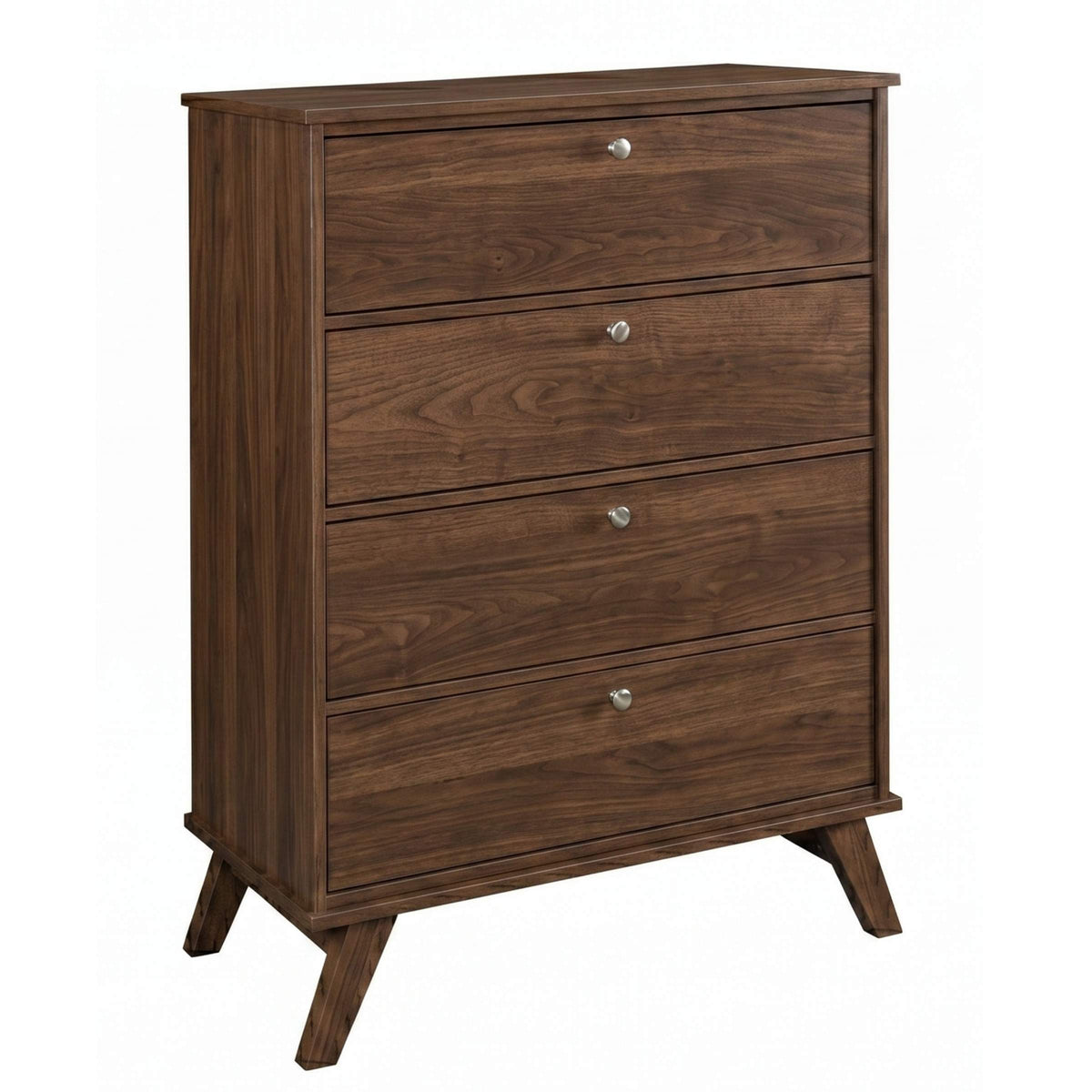 MidMod 4-drawer chest in dark walnut hardwood with silver knobs and angled legs.