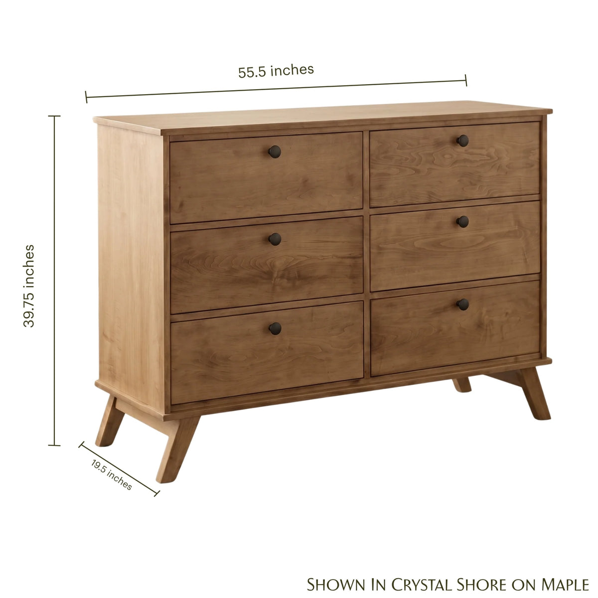 MidMod 6-drawer maple wood dresser in Crystal Shore finish with dimensions.