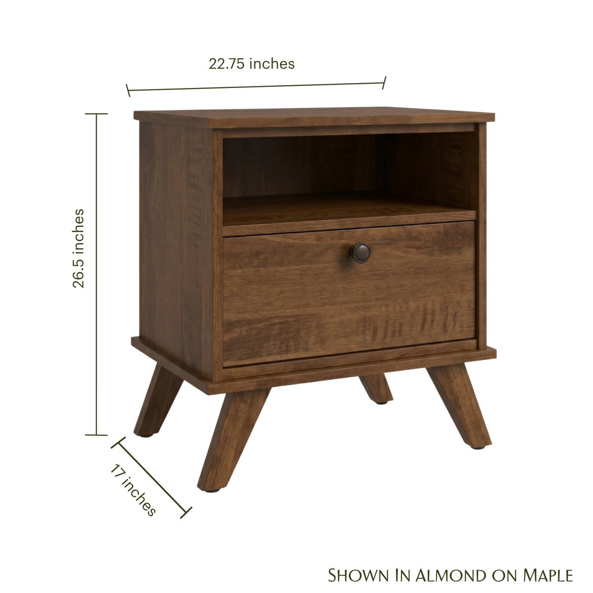 MidMod nightstand in almond on maple wood with dimensions: 26.5" H x 22.75" W x 17" D.