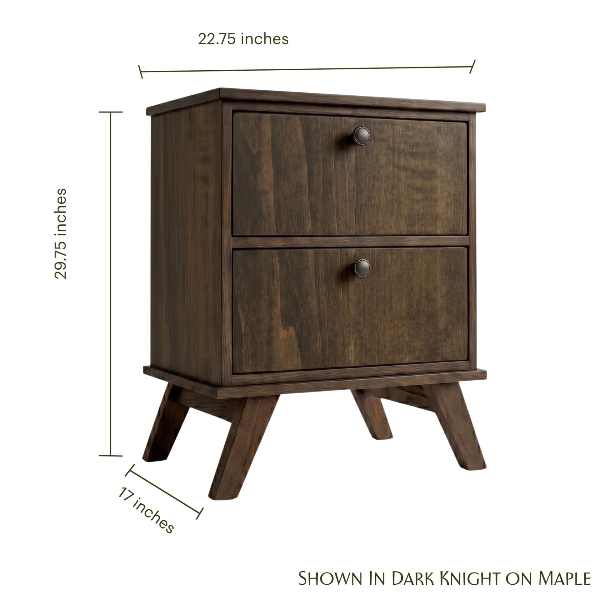 MidMod dark brown maple wood nightstand with dimensions: 22.75" W x 29.75" H x 17" D.