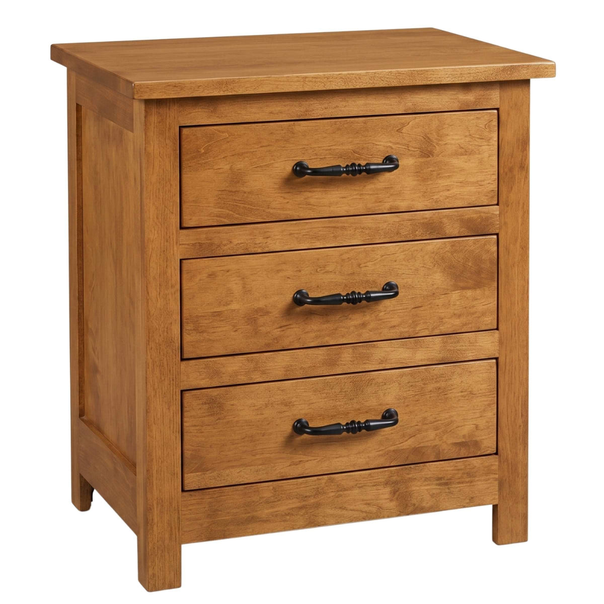 Mission style light brown wood nightstand with three drawers and black metal handles.