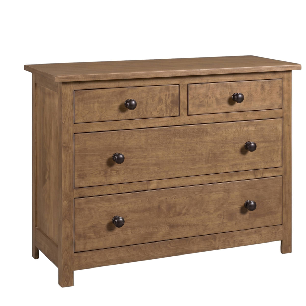 Mission 4-drawer solid hardwood dresser in a warm brown finish with dark round knobs.