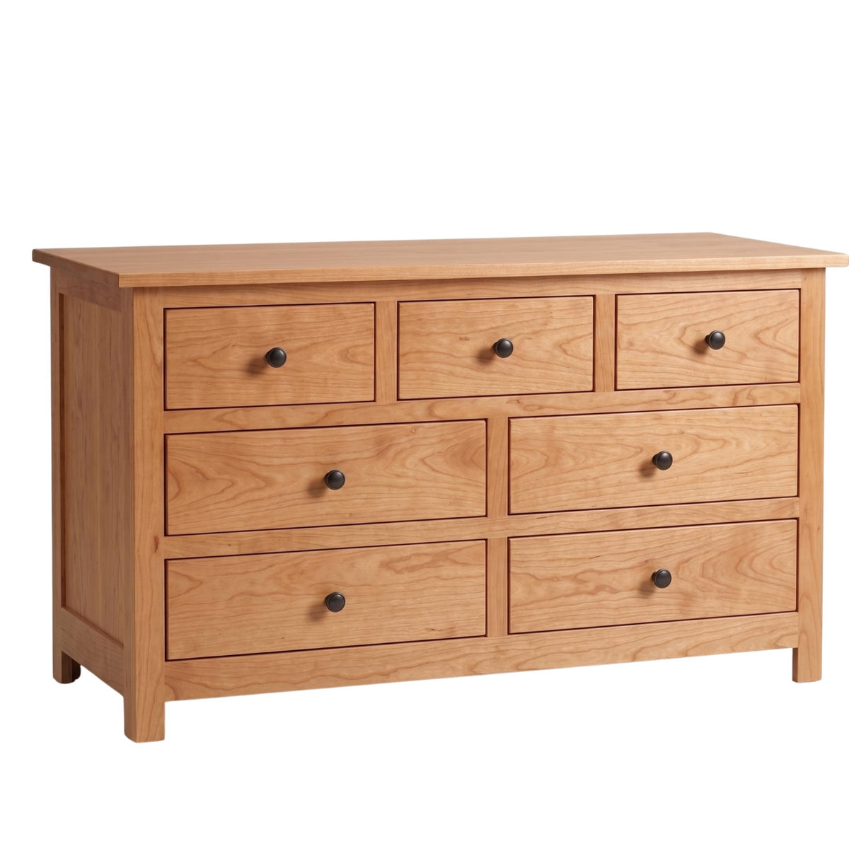 Mission 7-drawer hardwood dresser in a light wood finish with black brass knobs.