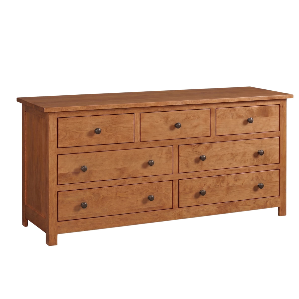 Mission 7-drawer cherry wood dresser with black brass knobs, featuring a classic mission style design.