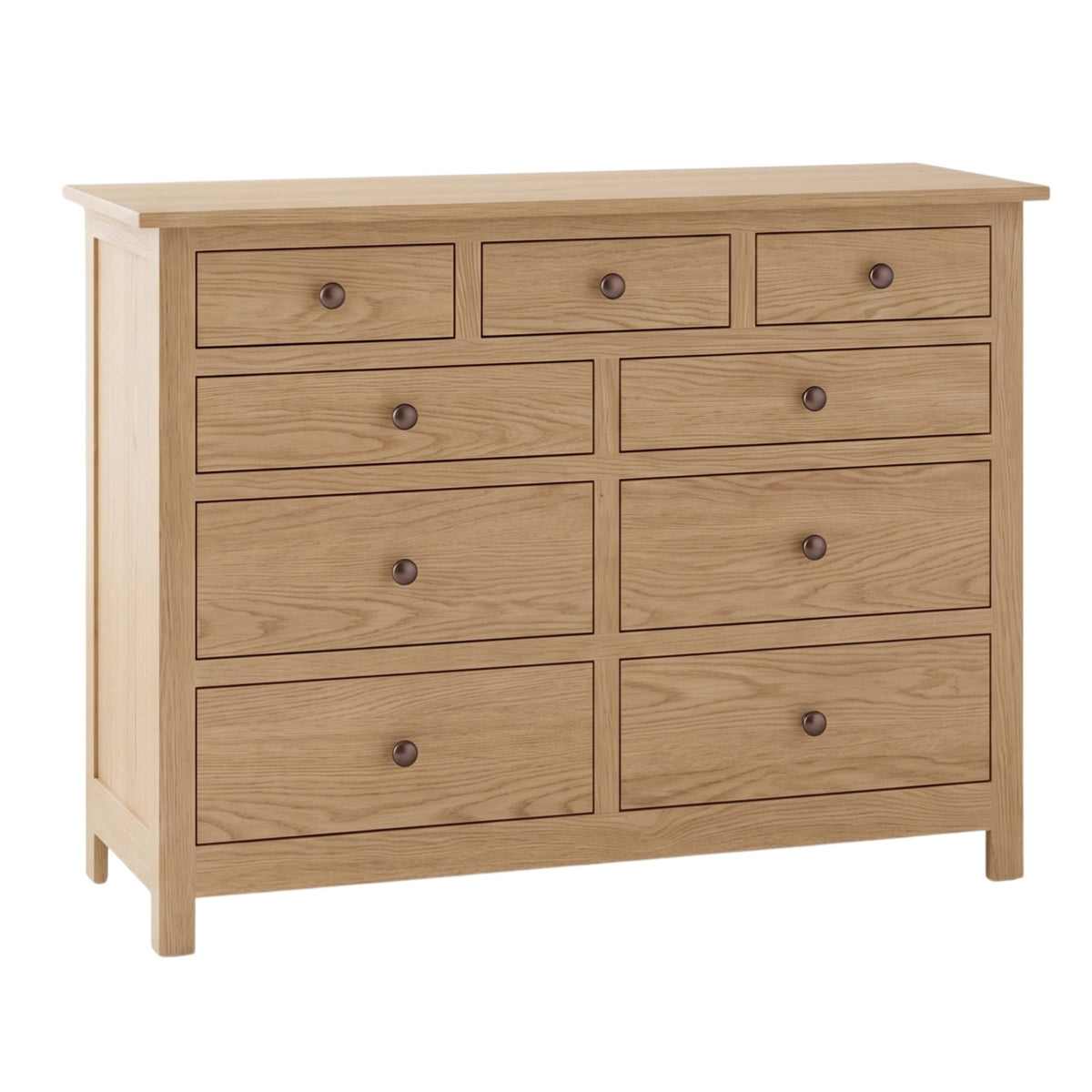 Mission style 9-drawer dresser in light oak wood with dark metal knobs.