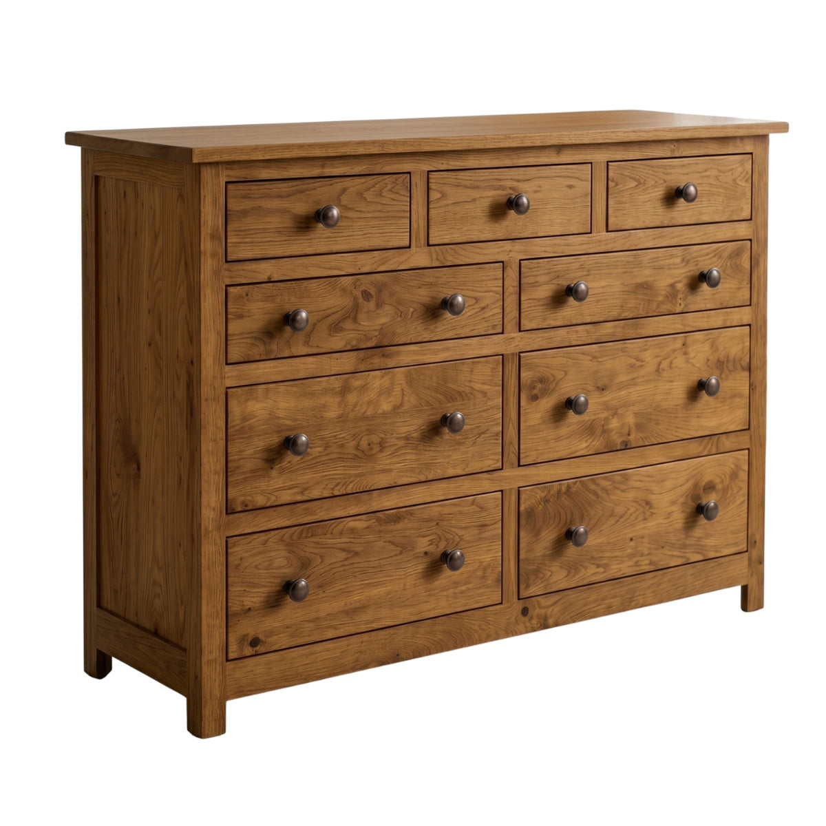 Mission style 9-drawer dresser in solid oak wood with dark metal knobs.