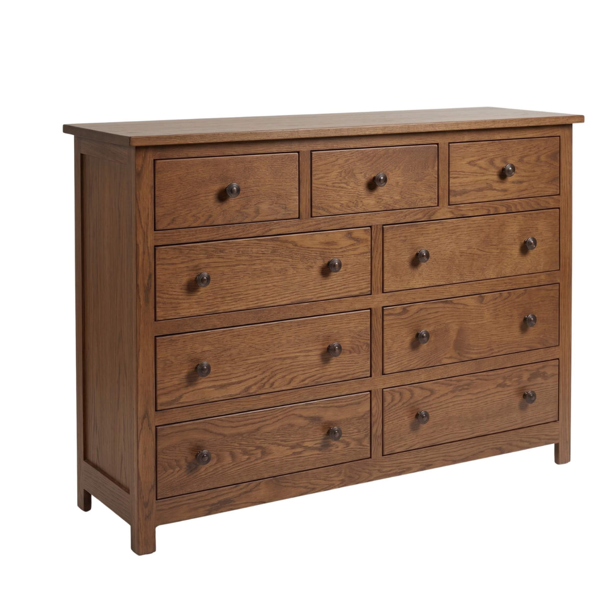 Mission 9-drawer dresser in medium brown solid hardwood with dark round knobs.