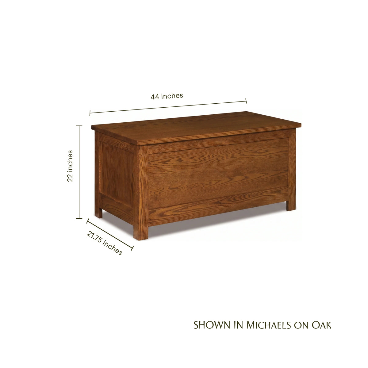 Mission oak blanket chest with dimensions: 44 inches long, 22 inches high, and 21.75 inches deep.