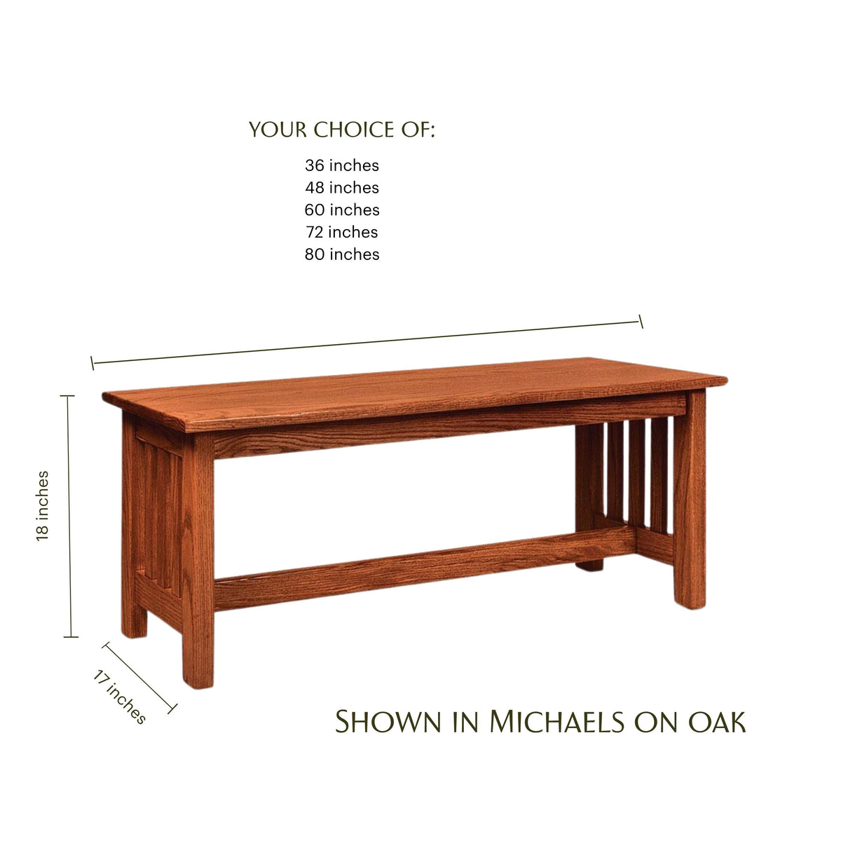 Mission dining bench in Michaels on Oak wood finish with dimensions and size options.