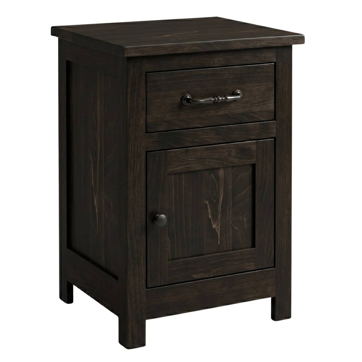 Mission style narrow nightstand in dark brown hardwood with a drawer and cabinet door.
