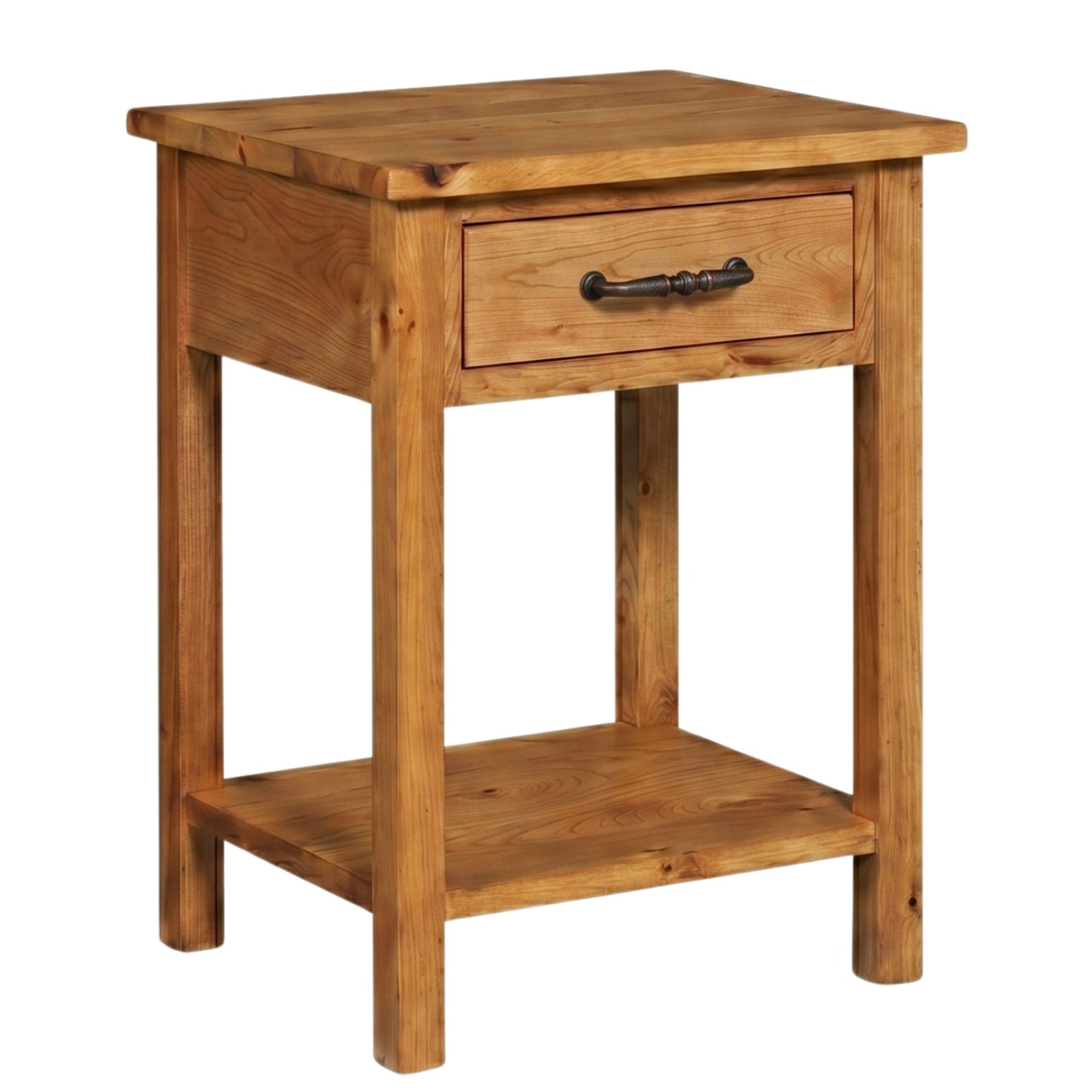Mission narrow nightstand in light brown solid hardwood with one drawer and a lower shelf.