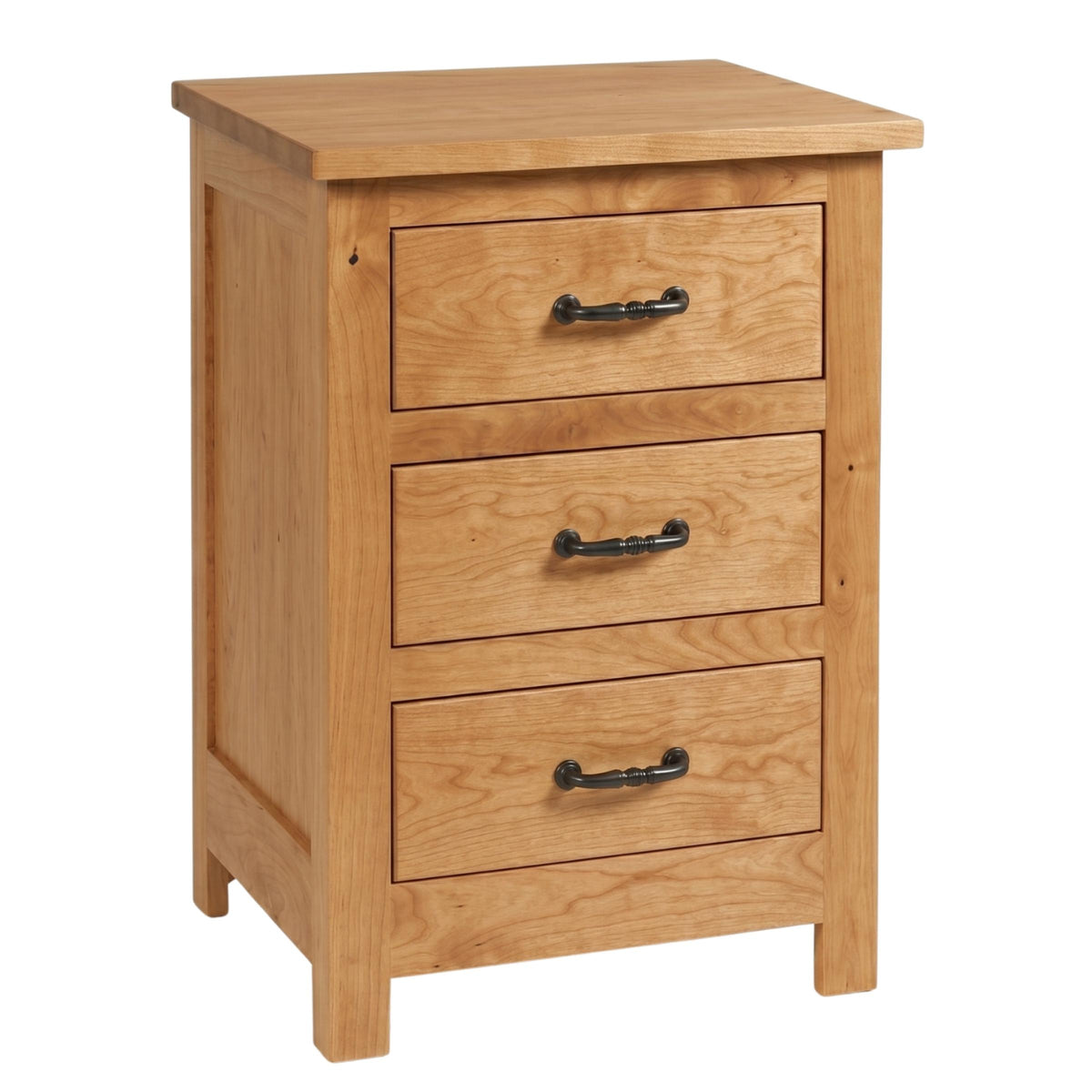 Mission narrow nightstand in light brown solid hardwood with three drawers and dark metal handles.