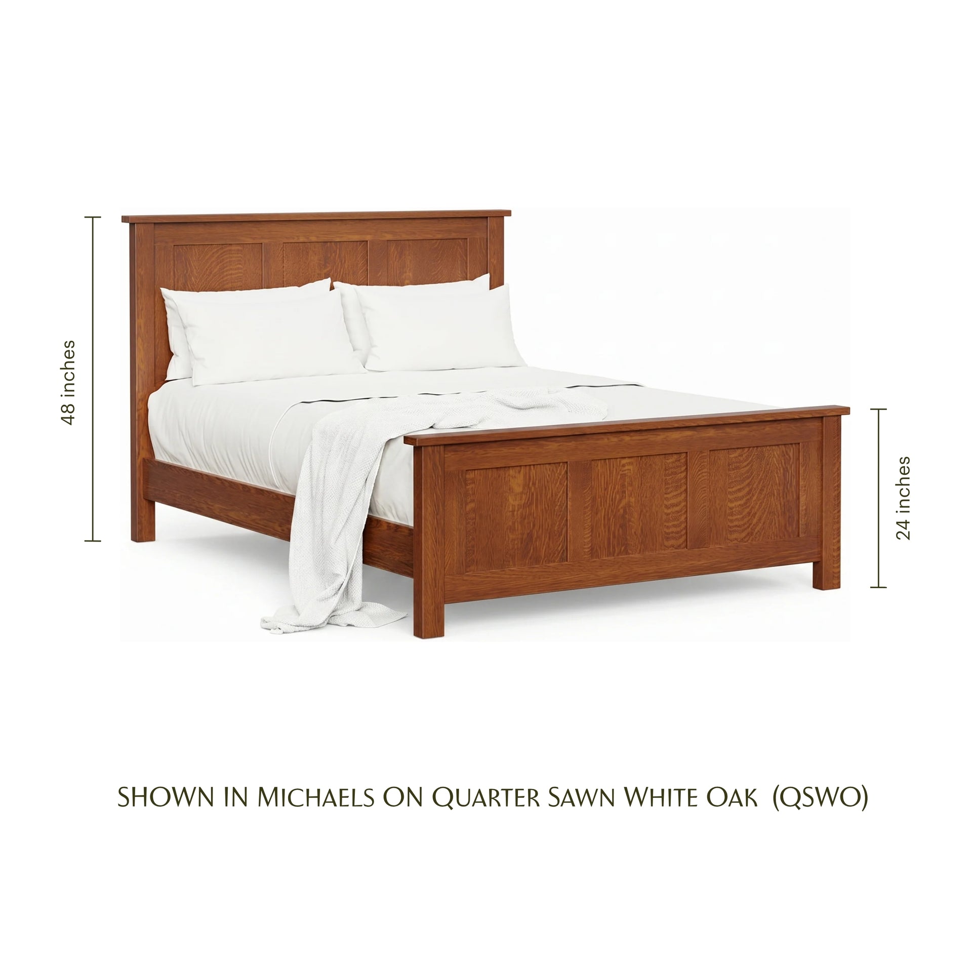 Mission panel bed in Michaels on quarter sawn white oak with dimensions shown