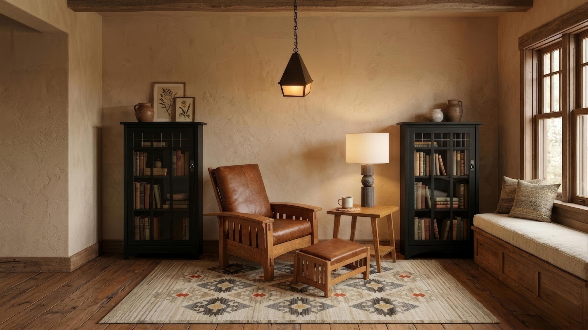 Madrid Beige Southwest wool rug in a rustic living room with a leather armchair