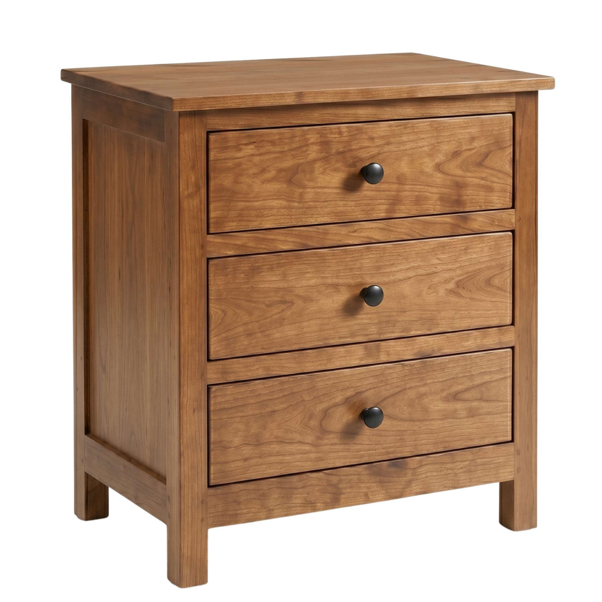 Mission Wide Nightstand in solid brown hardwood with three drawers and black knobs.