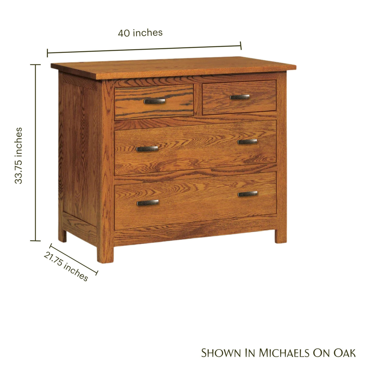 Mission 4-drawer oak chest with dimensions: 40" W x 33.75" H x 21.75" D