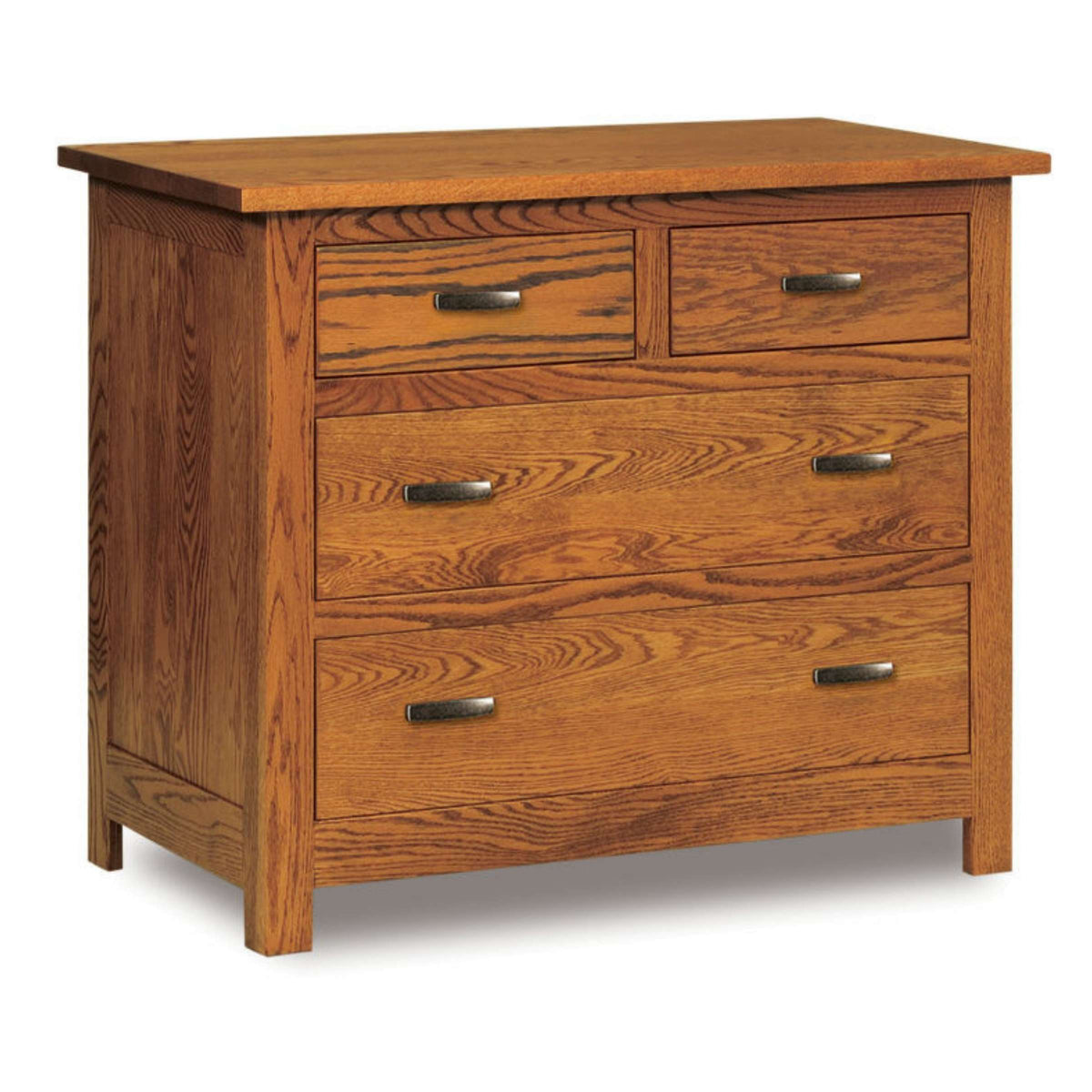Mission 4-drawer oak chest with natural wood grain and metal handles