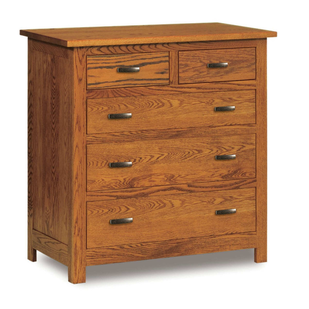 Mission 5-drawer chest in warm oak hardwood with classic metal pulls.