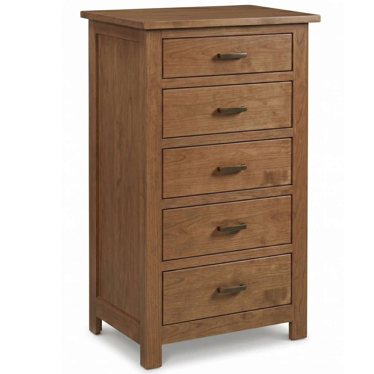 Mission 5-drawer chest in warm brown solid hardwood with classic metal drawer pulls.