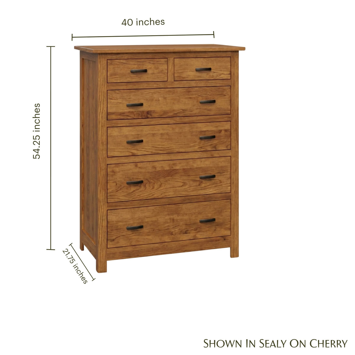 Mission 6-drawer cherry wood chest with dimensions: 40" W x 54.25" H x 21.75" D.