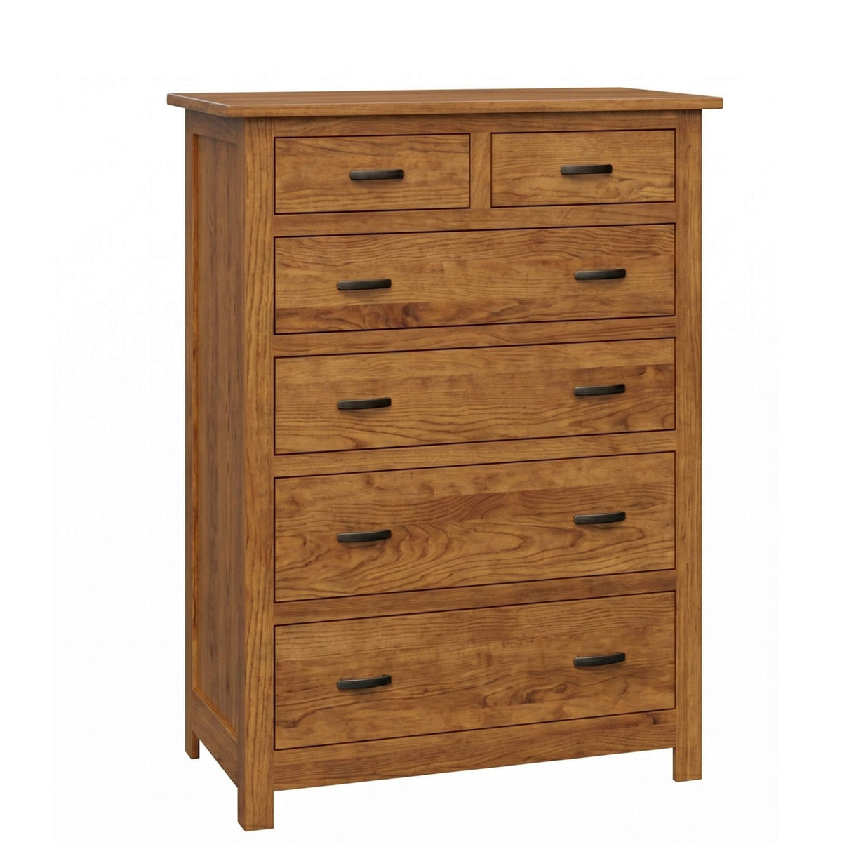 Mission 6-drawer chest in warm brown wood with black metal handles.