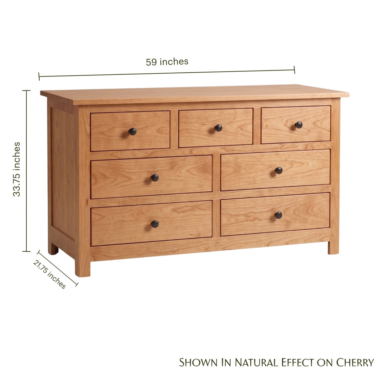Mission 7-drawer cherry wood dresser with black brass knobs and dimensions shown.