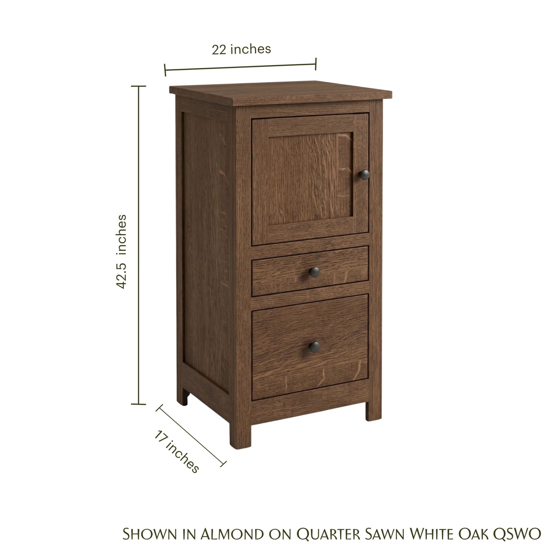 Mission CPAP nightstand in almond-finished quarter sawn white oak with dimensions.