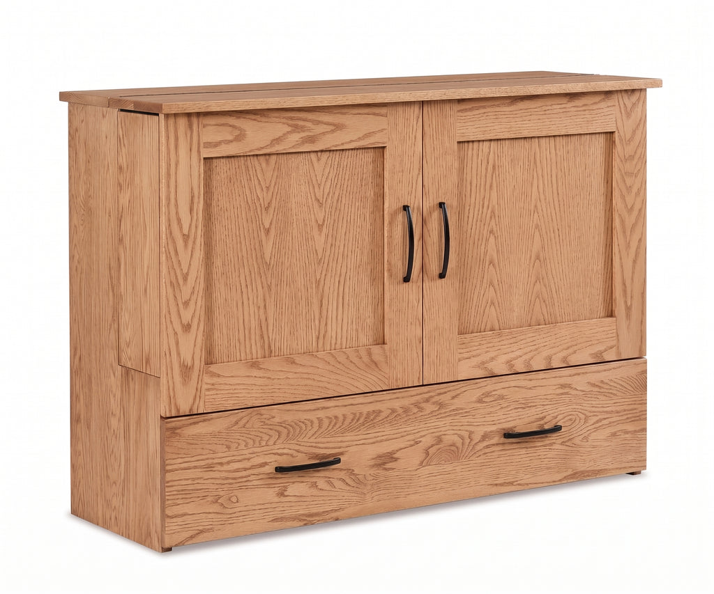 Mission style oak wood cabinet Murphy bed with black metal handles on a white background.