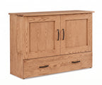 Mission style oak wood cabinet Murphy bed with black metal handles on a white background.