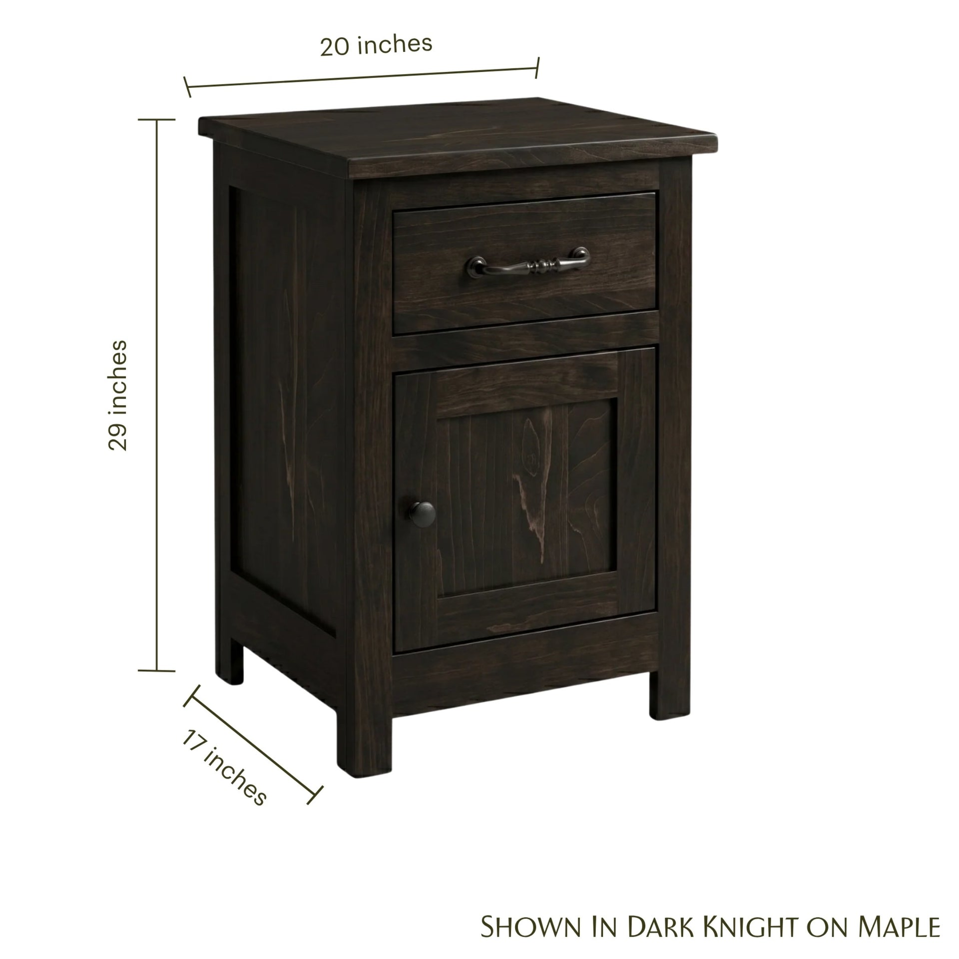 Mission narrow nightstand in dark knight on maple wood with dimensions.