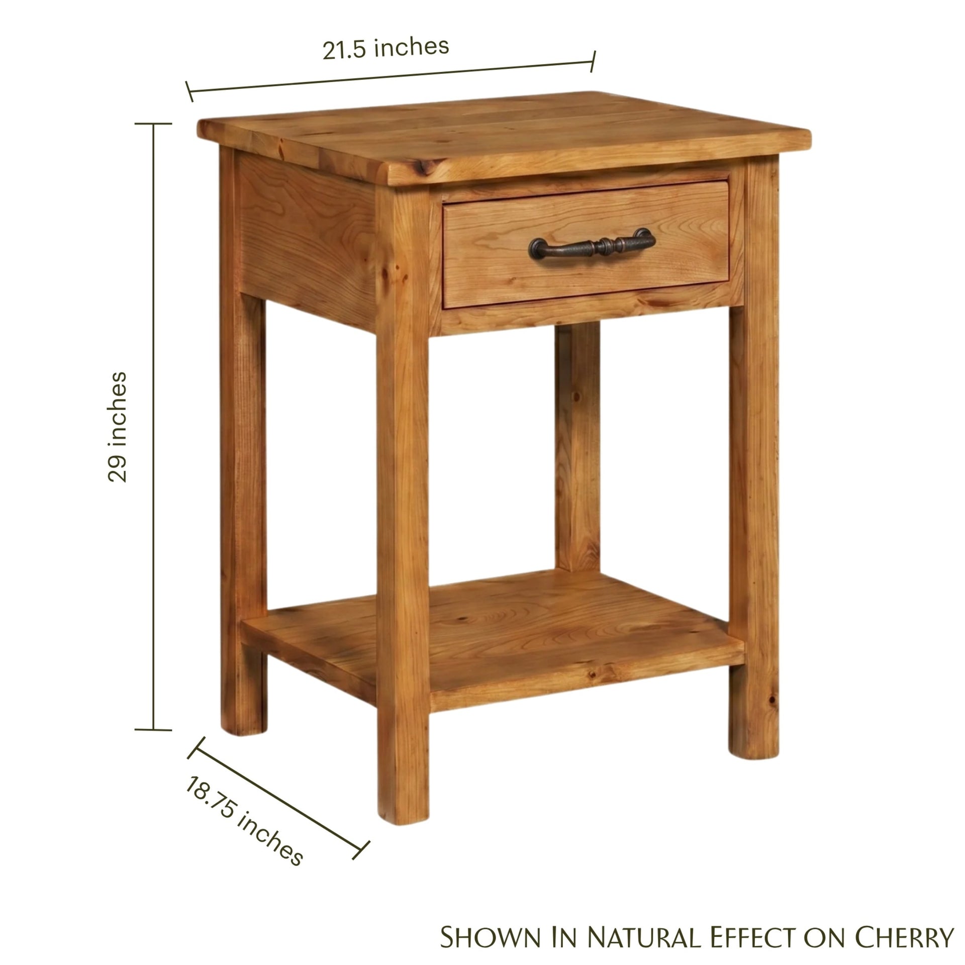 Mission style narrow nightstand in natural cherry wood with dimensions shown.
