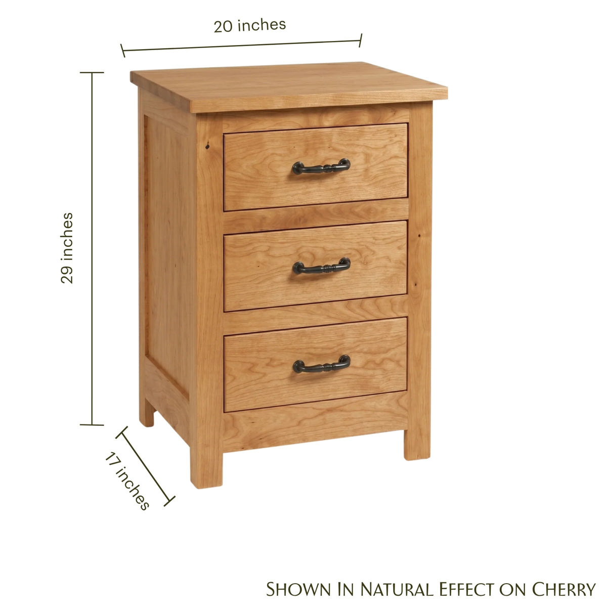 Mission narrow nightstand in natural cherry wood with three drawers and black handles.