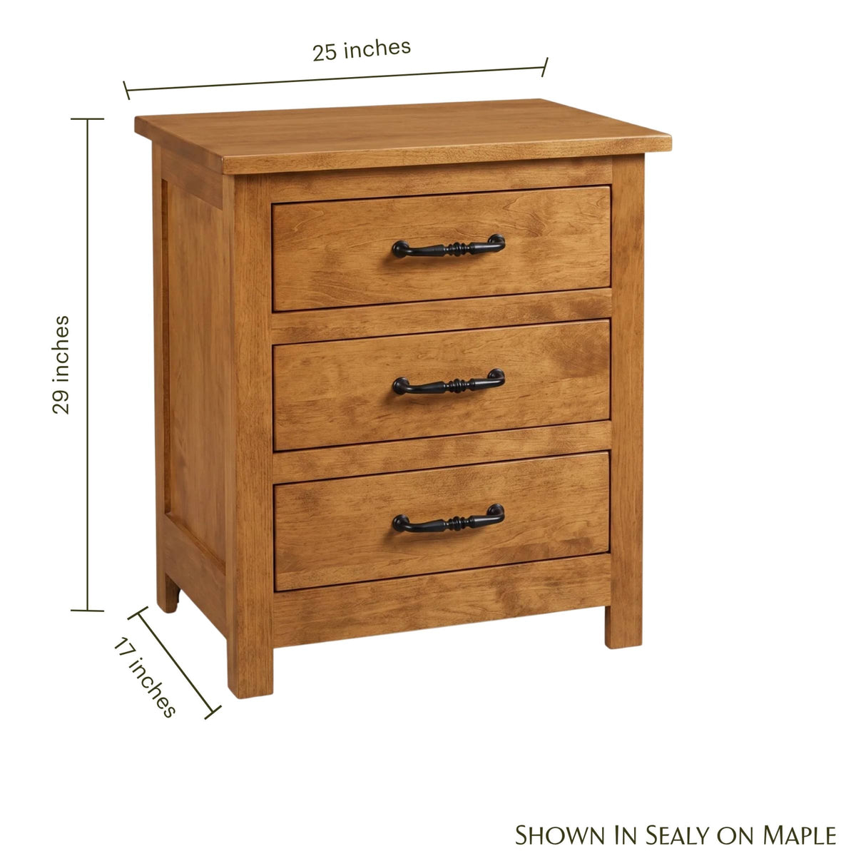 Mission nightstand in Sealy on Maple with three drawers and black handles.
