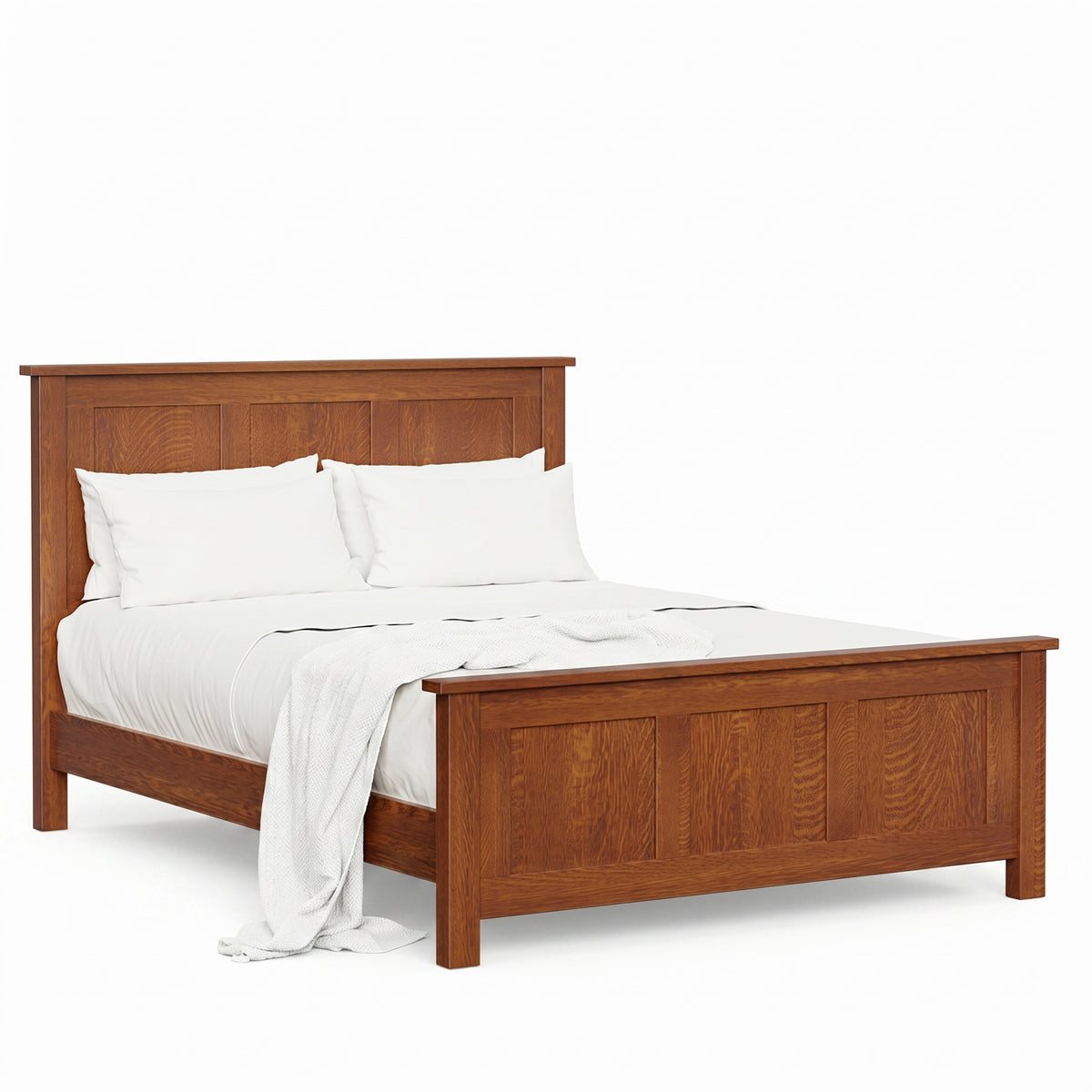 Mission Panel Bed in warm brown hardwood with white bedding and pillows.