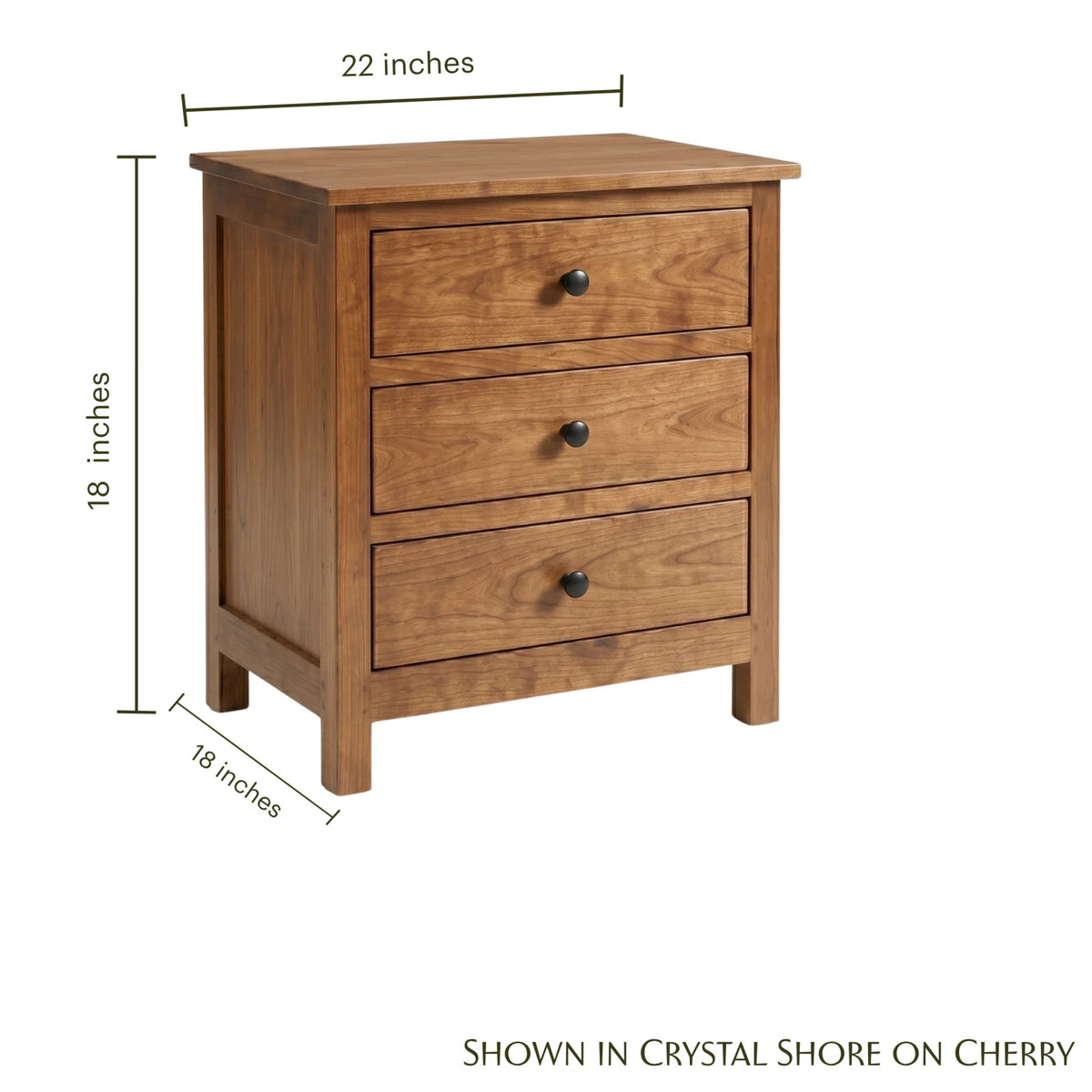 Mission Wide Nightstand in cherry wood with three drawers and black knobs.