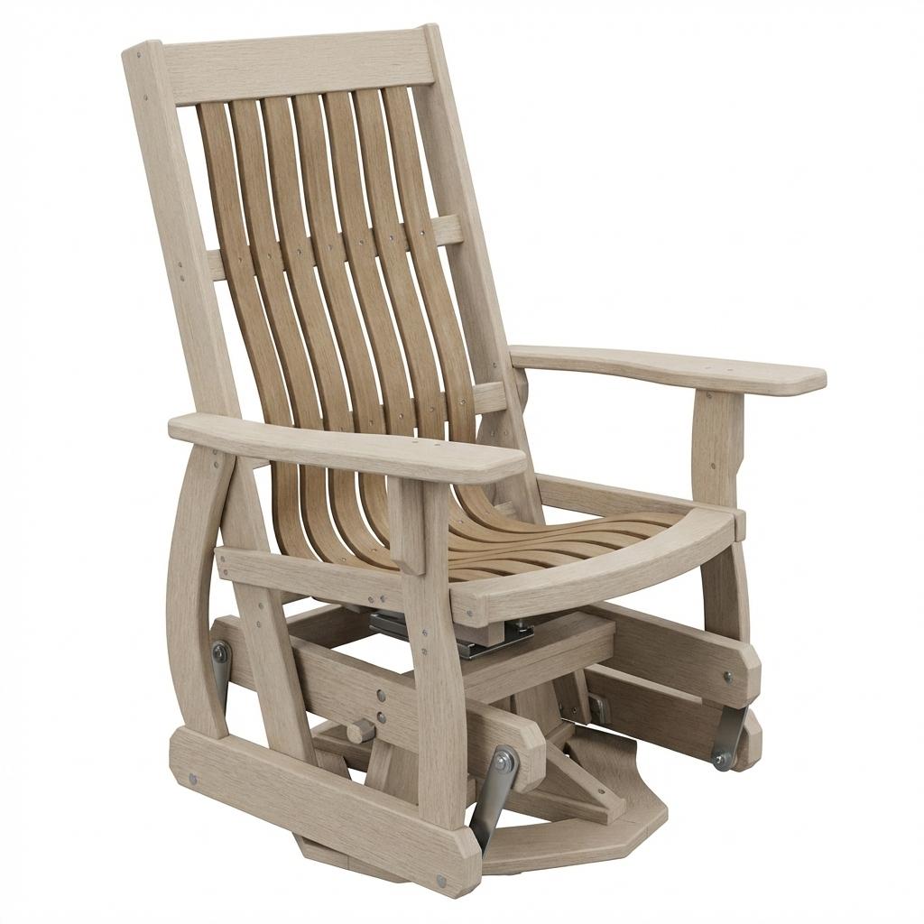 Mission style swivel glider patio chair in two-tone beige and light brown poly lumber.