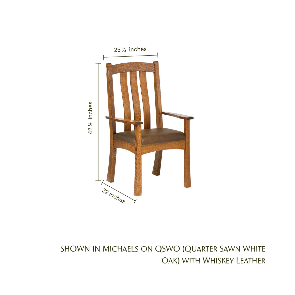 Modesto white oak arm chair with whiskey leather seat and dimensions.