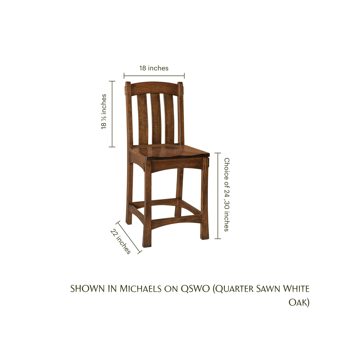 Modesto solid oak bar chair in Michaels finish with dimensions shown.