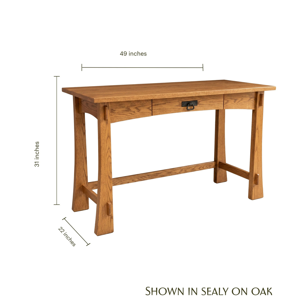 Modesto solid oak writing table in Sealy finish with dimensions 49x22x31 inches