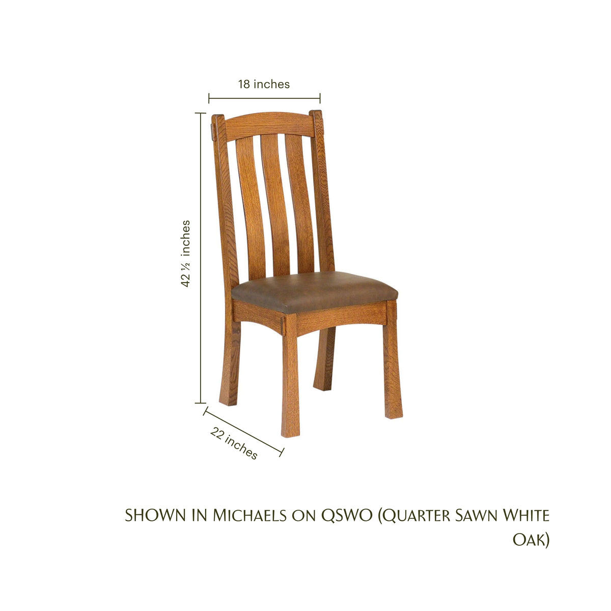 Modesto Craftsman side chair in oak with dimensions shown