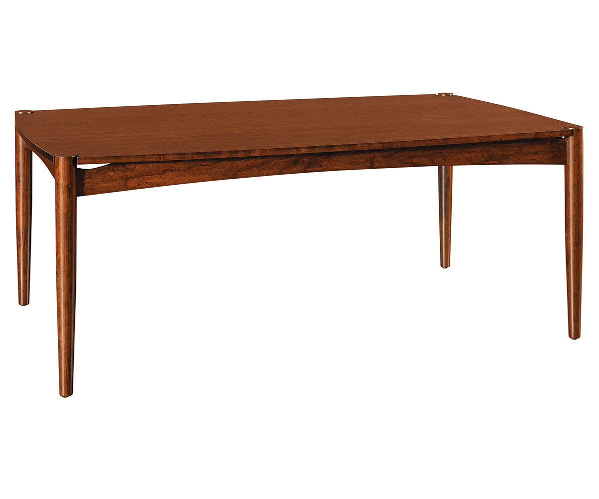 Wewatta solid wood dining table with a rich brown finish and tapered legs.