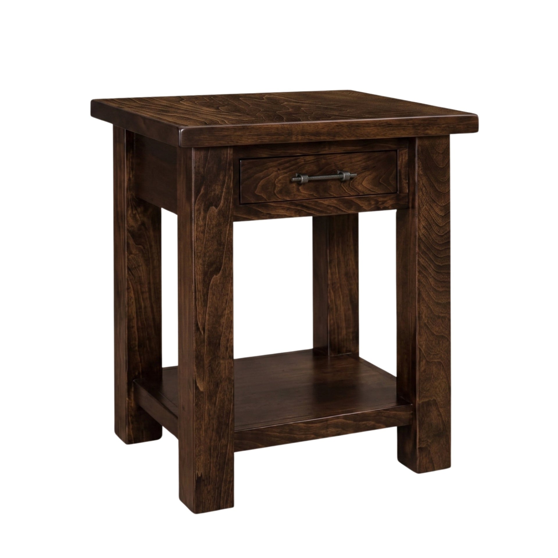 Mountain Roughsawn maple nightstand in dark brown with one drawer and a lower shelf.