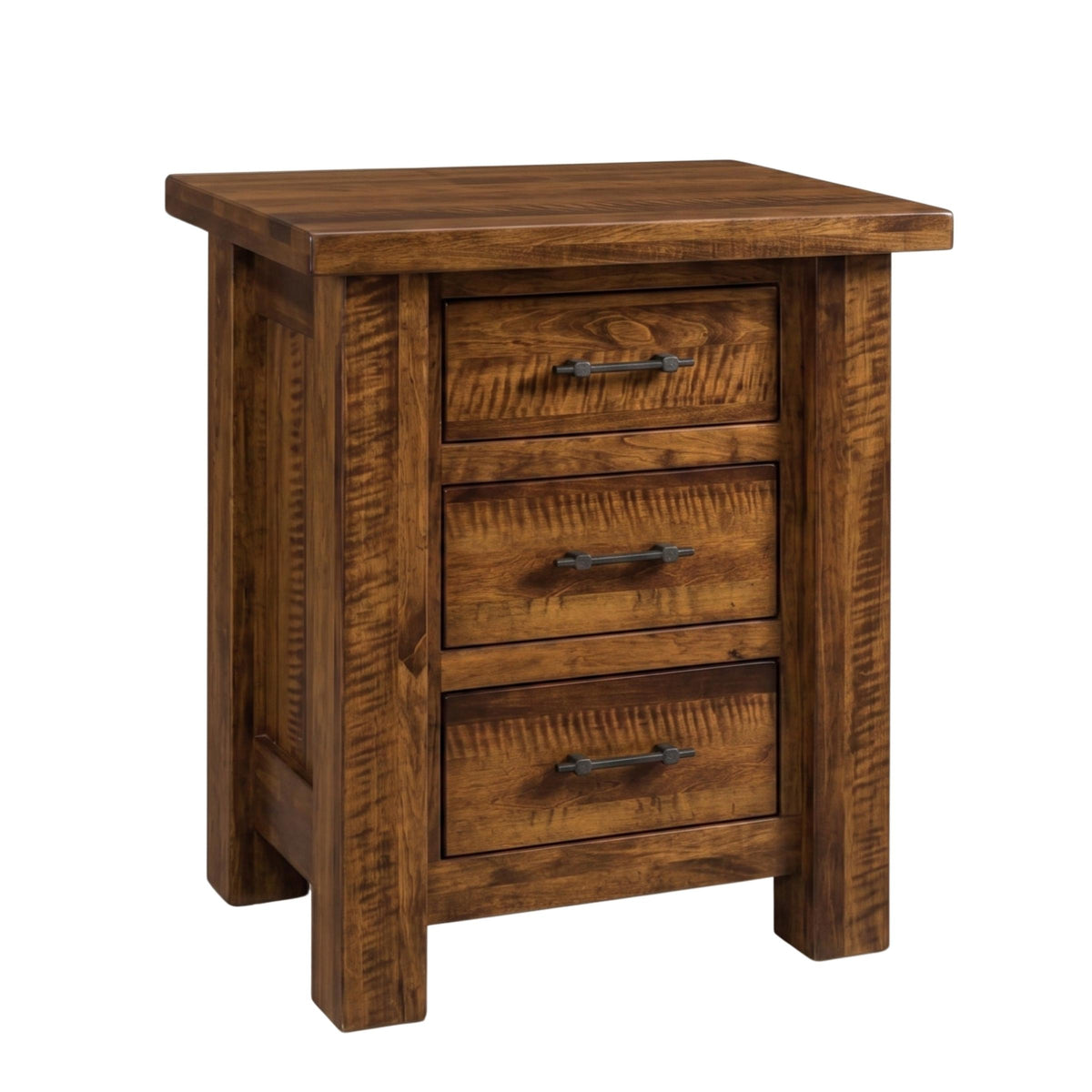 Rustic roughsawn maple nightstand with three drawers and dark metal handles.