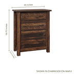 Mountain Roughsawn 4-drawer chest in charwood on maple with dimensions.