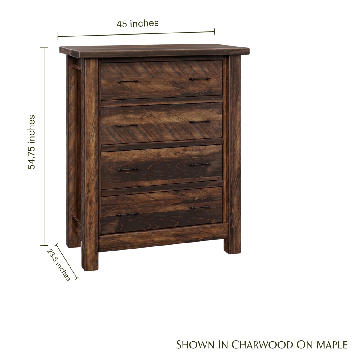 Mountain Roughsawn 4-drawer chest in charwood on maple with dimensions.