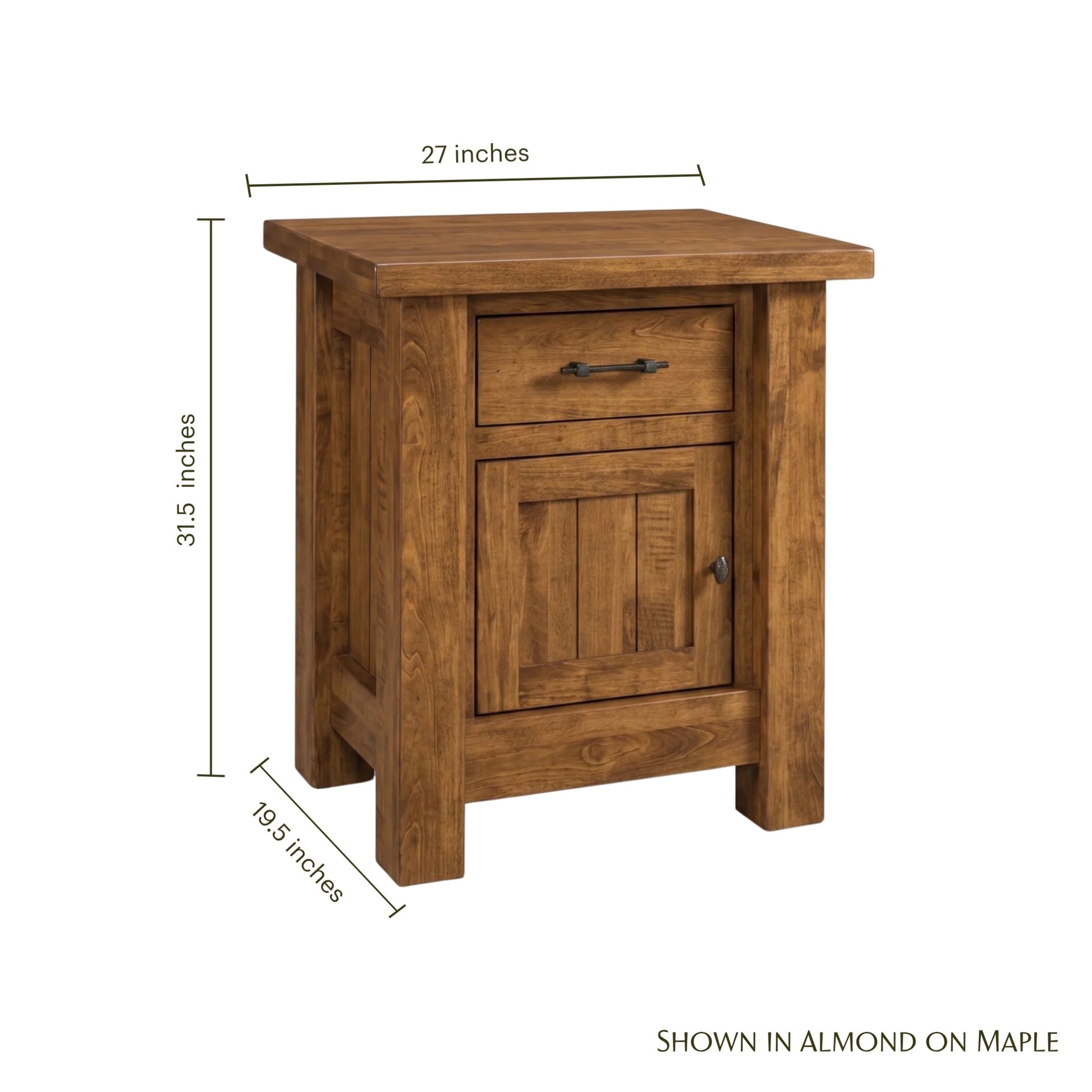Mountain Roughsawn Nightstand in almond on maple with dimensions 27" W x 31.5" H x 19.5" D