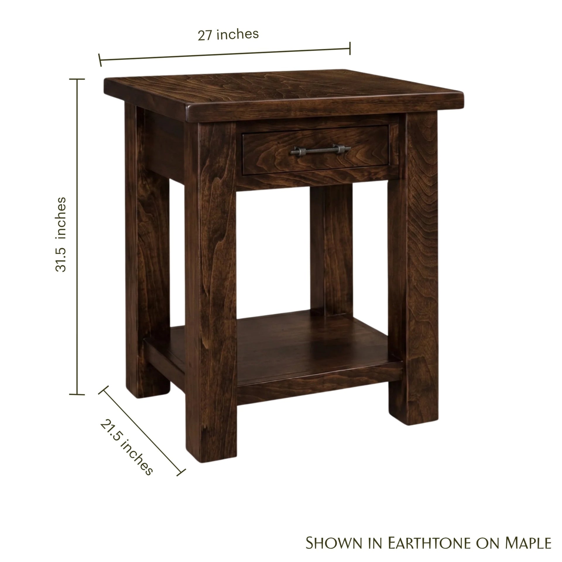 Mountain Roughsawn Nightstand in earthtone maple with dimensions 27 by 21.5 by 31.5 inches