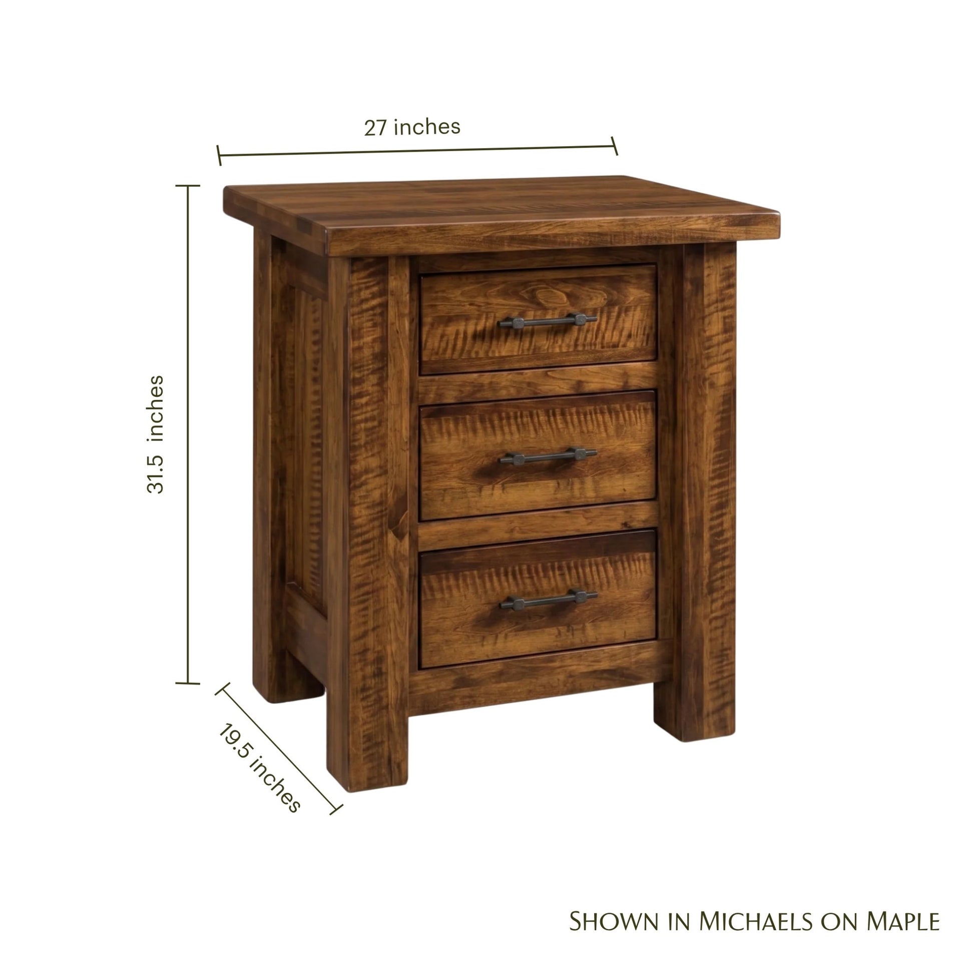 Mountain Roughsawn maple nightstand with three drawers, rustic wood grain, and dimensions.