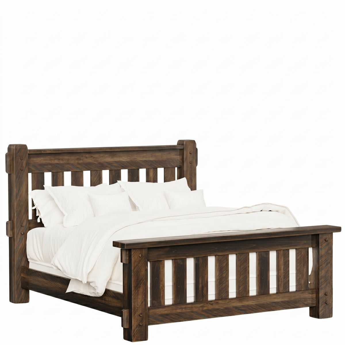 Mountain Roughsawn Slat Bed in dark brown wood with white bedding.